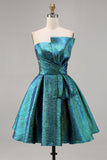 Metallic Ruched Peacock Green Strapless A Line Graduation Dress