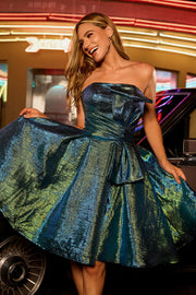 Sparkly Metallic Strapless Peacock Green Ruched A Line Graduation Dress