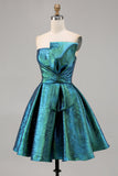 Metallic Ruched Peacock Green Strapless A Line Graduation Dress