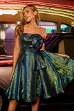 Sparkly Metallic Strapless Peacock Green Ruched A Line Graduation Dress