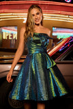 Sparkly Metallic Strapless Peacock Green Ruched A Line Graduation Dress