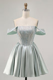 Light Green A-Line Off The Shoulder Corset Graduation Dress with Beading