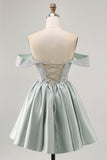 Light Green A-Line Off The Shoulder Corset Graduation Dress with Beading