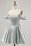 Light Green A-Line Off The Shoulder Corset Graduation Dress with Beading