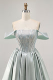 Light Green A-Line Off The Shoulder Corset Graduation Dress with Beading