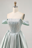 Light Green A-Line Off The Shoulder Corset Graduation Dress with Beading