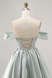 Light Green A-Line Off The Shoulder Corset Graduation Dress with Beading