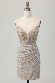 Silver Strapless Bodycon Sequins Graduation Dress with Slit