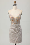 Silver Strapless Bodycon Sequins Graduation Dress with Slit
