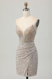 Silver Strapless Bodycon Sequins Graduation Dress with Slit