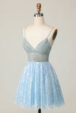 Sparkly Light Blue V Neck Sequin A Line Graduation Dress