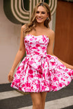 Strapless Fuchsia A Line Floral Graduation Dress with Bow