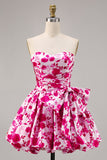 Strapless Fuchsia A Line Floral Graduation Dress with Bow