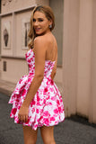 Strapless Fuchsia A Line Floral Graduation Dress with Bow