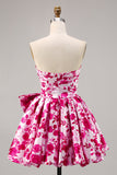 Floral Fuchsia Strapless A Line Graduation Dress with Bow