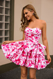 Strapless Fuchsia A Line Floral Graduation Dress with Bow