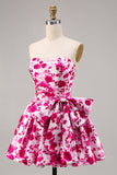 Floral Fuchsia Strapless A Line Graduation Dress with Bow