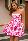 Strapless Fuchsia A Line Floral Graduation Dress with Bow