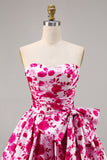 Floral Fuchsia Strapless A Line Graduation Dress with Bow
