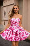 Strapless Fuchsia A Line Floral Graduation Dress with Bow