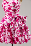 Floral Fuchsia Strapless A Line Graduation Dress with Bow