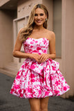 Strapless Fuchsia A Line Floral Graduation Dress with Bow