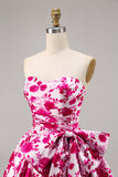 Floral Fuchsia Strapless A Line Graduation Dress with Bow
