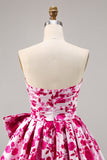 Floral Fuchsia Strapless A Line Graduation Dress with Bow