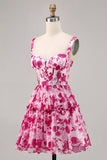Floral Fuchsia Corset Printed A Line Graduation Dress