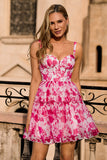 Fuchsia Floral Corset A Line Printed Graduation Dress