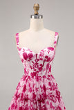 Floral Fuchsia Corset Printed A Line Graduation Dress