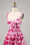Floral Fuchsia Corset Printed A Line Graduation Dress