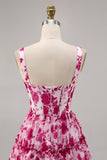 Floral Fuchsia Corset Printed A Line Graduation Dress