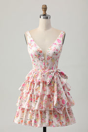 Pink Floral V-Neck A Line Tiered Short Graduation Dress with Bow
