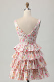 Pink Floral V-Neck A Line Tiered Short Graduation Dress with Bow