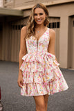 Pink Floral A Line Corset Tiered Short Graduation Dress with Bow