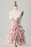 Pink Floral V-Neck A Line Tiered Short Graduation Dress with Bow