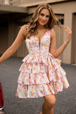 Pink Floral A Line Corset Tiered Short Graduation Dress with Bow