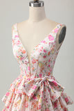 Pink Floral V-Neck A Line Tiered Short Graduation Dress with Bow