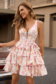 Pink Floral A Line Corset Tiered Short Graduation Dress with Bow