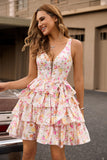 Pink Floral A Line Corset Tiered Short Graduation Dress with Bow