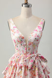 Pink Floral V-Neck A Line Tiered Short Graduation Dress with Bow