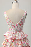 Pink Floral V-Neck A Line Tiered Short Graduation Dress with Bow