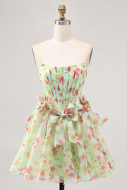 Floral Green Strapless A Line Corset Graduation Dress