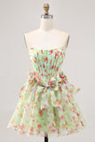 Green Strapless A-Line Floral Corset Graduation Dress with Bows