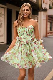 Green Strapless A-Line Floral Corset Graduation Dress with Bows