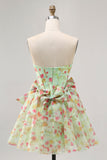 Green Strapless A-Line Floral Corset Graduation Dress with Bows