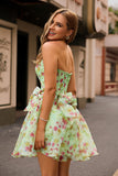 Green Strapless A-Line Floral Corset Graduation Dress with Bows
