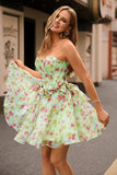 Green Strapless A-Line Floral Corset Graduation Dress with Bows