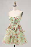 Floral Green Strapless A Line Corset Graduation Dress